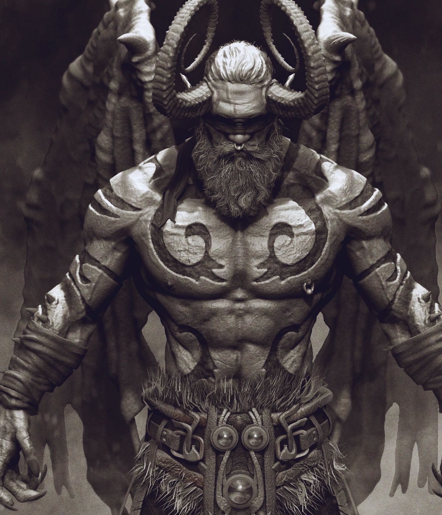 Muscular demonic figure with large curved horns and intricate tattoos in a dark, mystical setting.