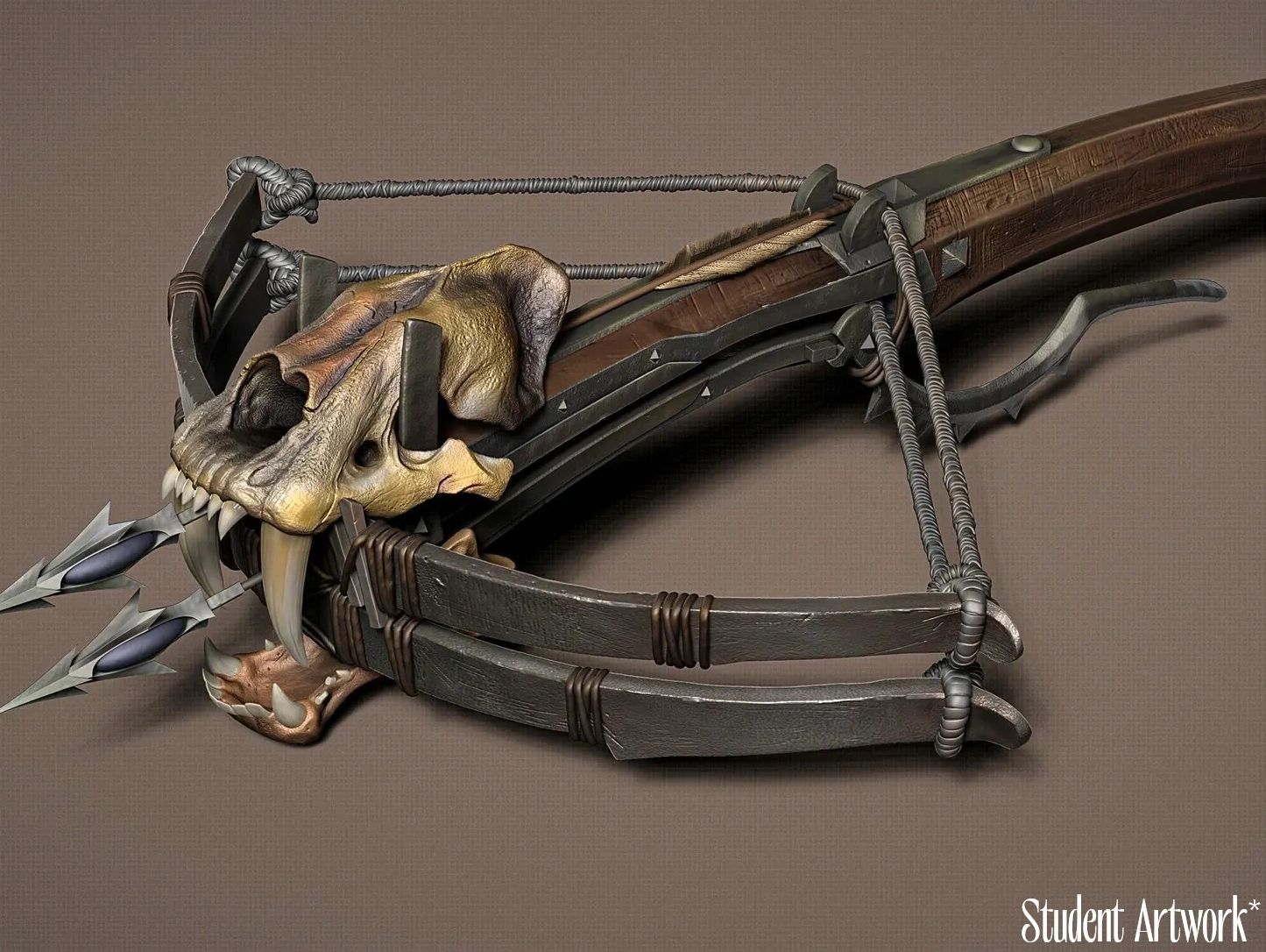A detailed fantasy-style crossbow with animal skull and sharp arrows.