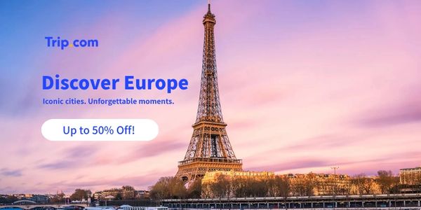 Eiffel Tower at sunset promoting Europe travel with up to 50% off.