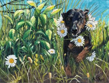 Dog running though grass with daisies
