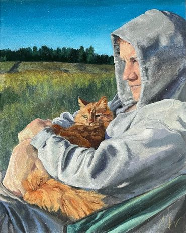 Oil painting of man and cat watching sunset