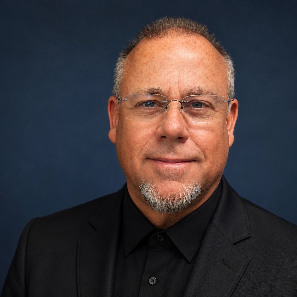 Confident middle-aged man in glasses and black suit against blue background.