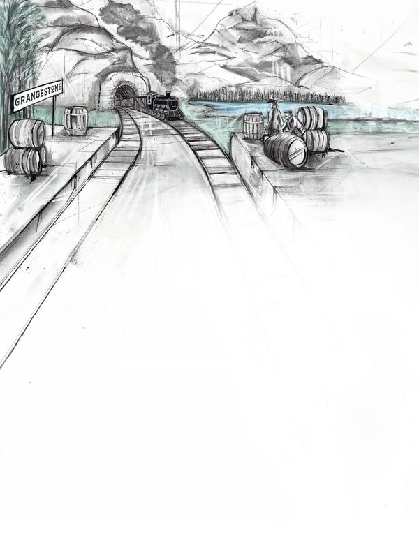 Sketch of a vintage train arriving at Grangestone with barrels and workers by a waterfront.