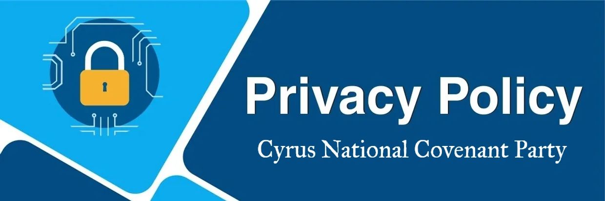 Privacy Policy banner with a lock icon for Cyrus National Covenant Party.