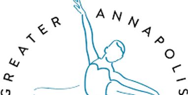 Logo with words Greater Annapolis Ballet and an image of a ballet dancer in blue en pointe