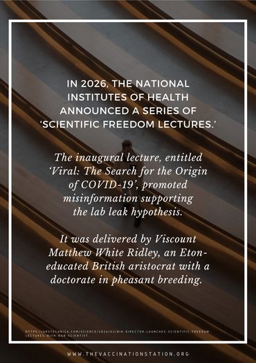 Text discussing NIH's 2026 Scientific Freedom Lectures and a controversial inaugural lecture on COVID-19 origins.