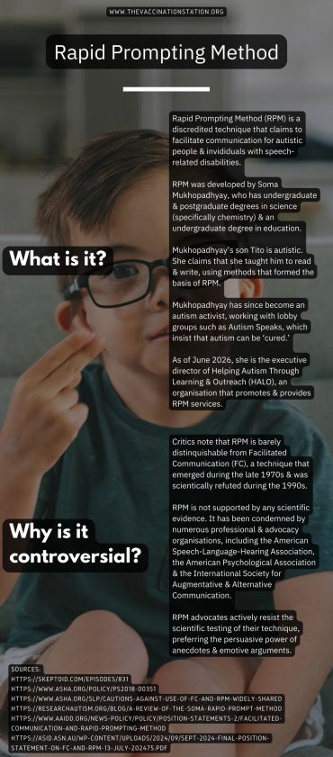 Infographic explaining the controversial Rapid Prompting Method for autism communication.