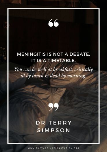 Quote about meningitis urgency by Dr. Terry Simpson over a dimly lit bedroom scene.