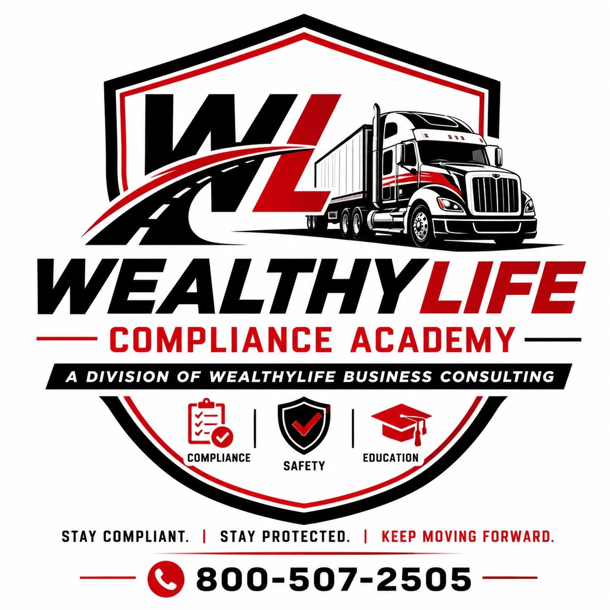 Logo for WealthyLife Compliance Academy with a truck and compliance icons.
