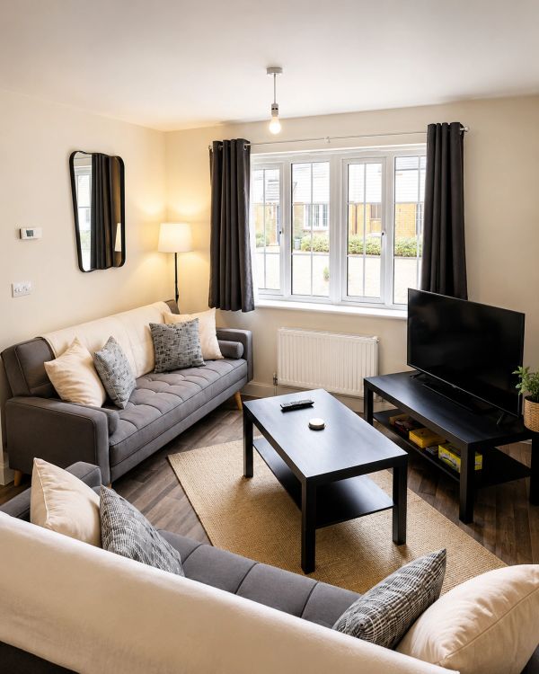Cozy living room with gray sofas and a black coffee table.