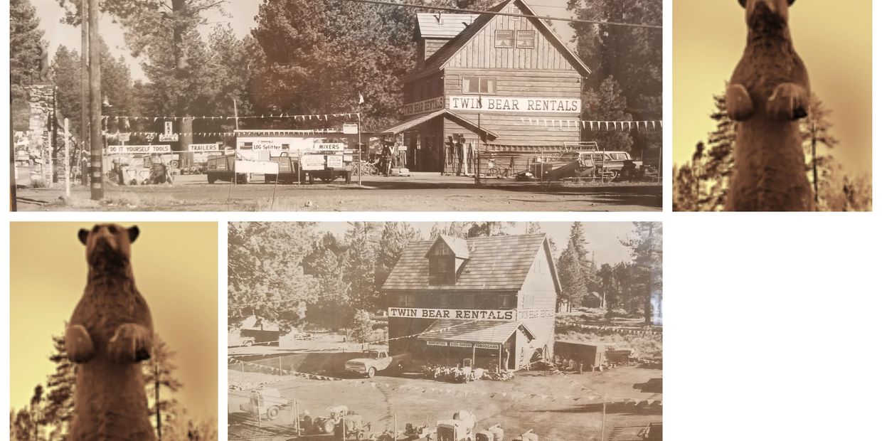 Vintage photos of Twin Bear Rentals building and giant bear statue in forest setting.