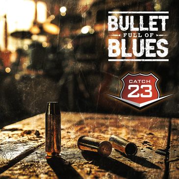Three bullet casings on a wooden surface with text "Bullet Full of Blues".