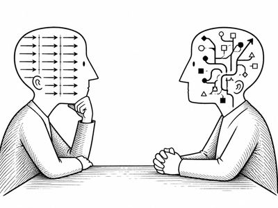 Two people with different thought patterns facing each other.