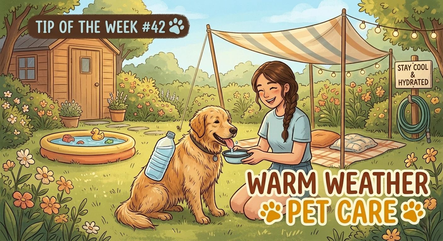 Woman giving water to a dog in a sunny garden with warm weather pet care tips.