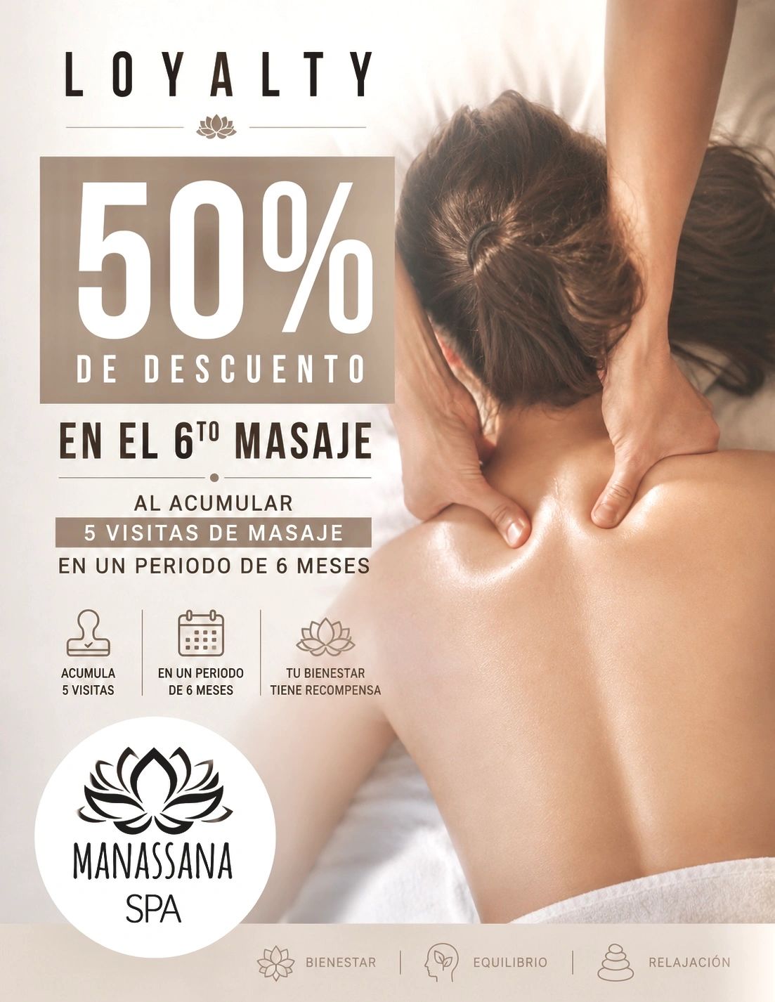 Descuento del 50% en el sexto masaje acumulando cinco visitas en seis meses.