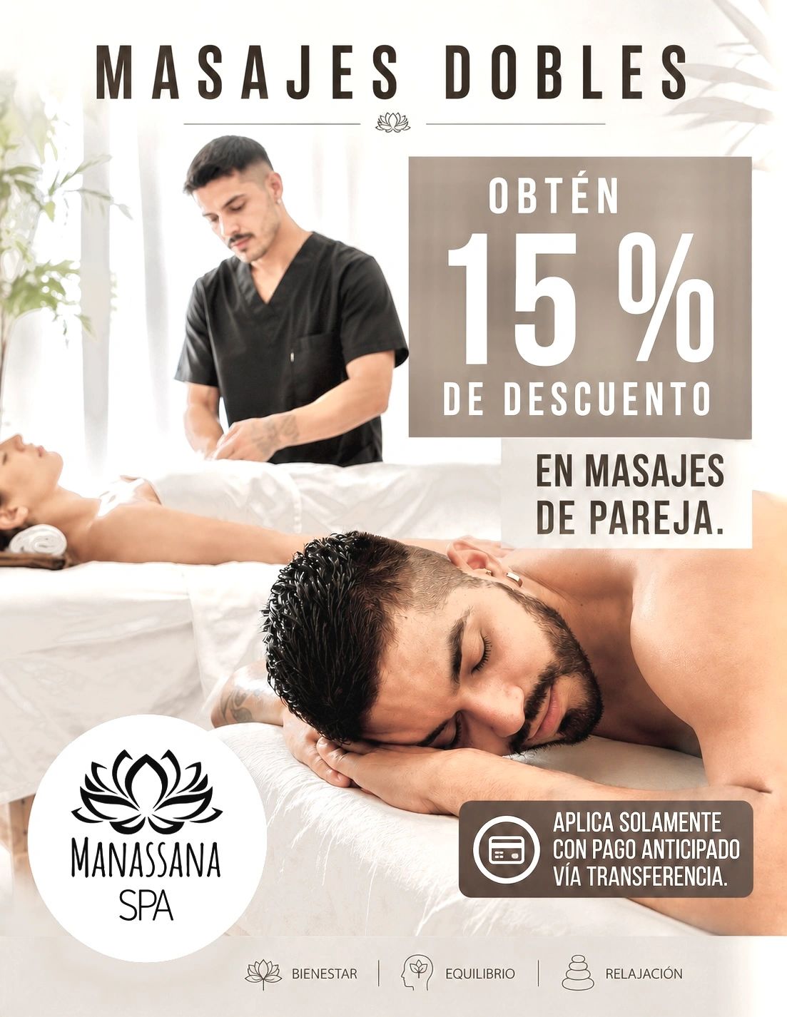 Promoción de masaje doble con 15% de descuento en Manassana SPA.