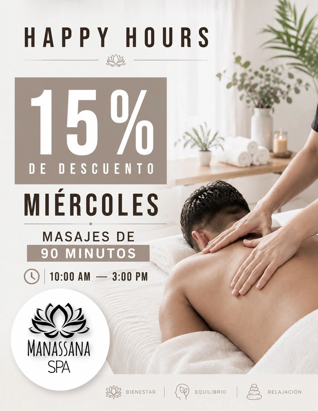 Descuento del 15% en masajes de 90 minutos los miércoles en Manassana Spa.