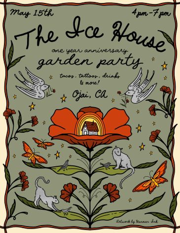 Illustrated flyer for The Ice House's garden party anniversary event in Ojai, CA.