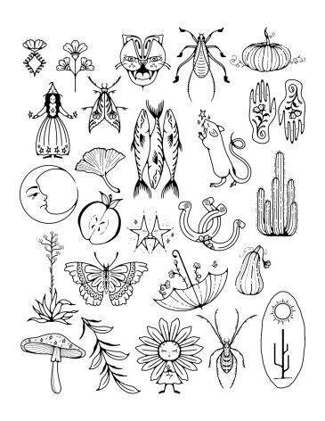 Black and white mystical and nature-themed doodles collection.