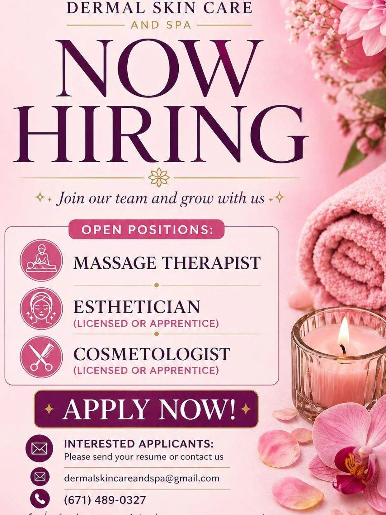 Now Hiring Flyer : Massage Therapist, Esthetician, Cosmetologist 