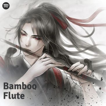 Artistic depiction of a person playing a bamboo flute with flowing hair and traditional attire.