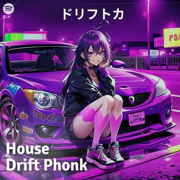 Anime girl sitting on a purple drift car at night.