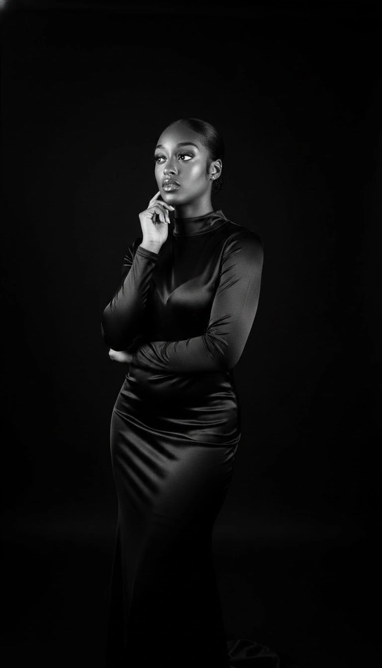 Elegant woman in a black satin dress against a dark background.