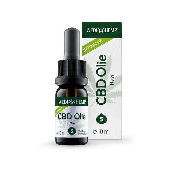 Bottle and box of Wedi Hemp CBD Olie Raw, 10ml, 5% concentration.