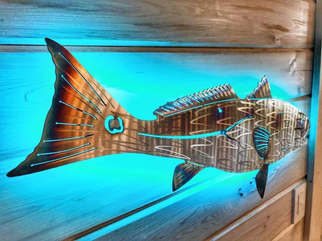 Red fish Stainless Steel Metal Wall Art (LED lighting: LED lights, Size:  36)