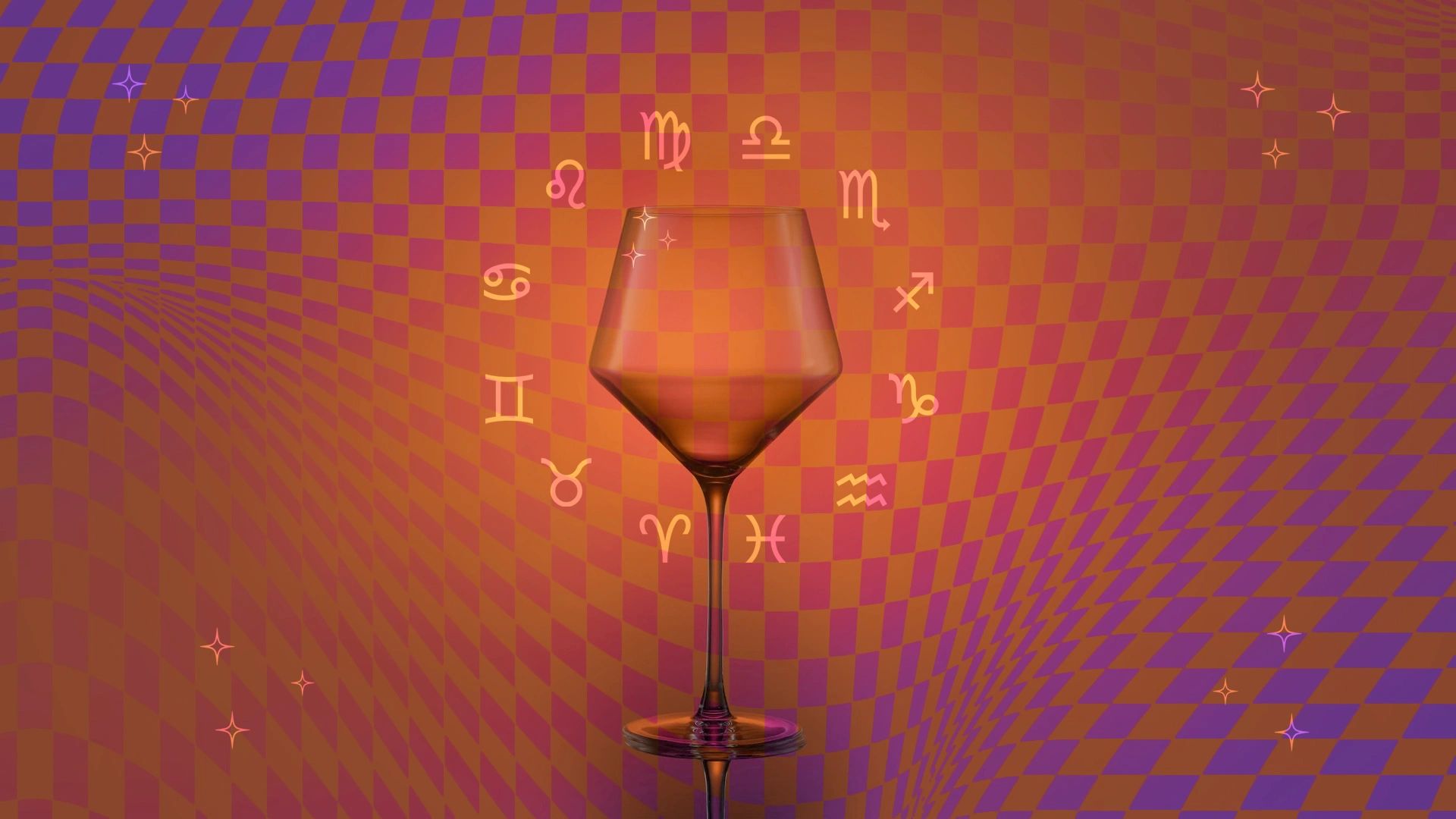 Chic wine glass surrounded by icons that represent the twelve zodiac signs. 