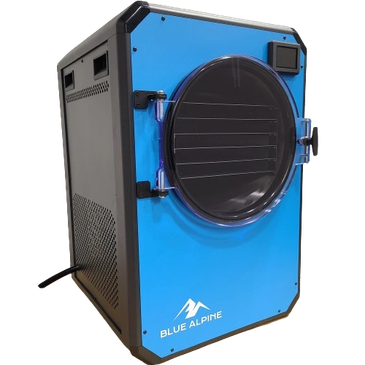 Blue Alpine branded modern freezer or storage unit with a round door.