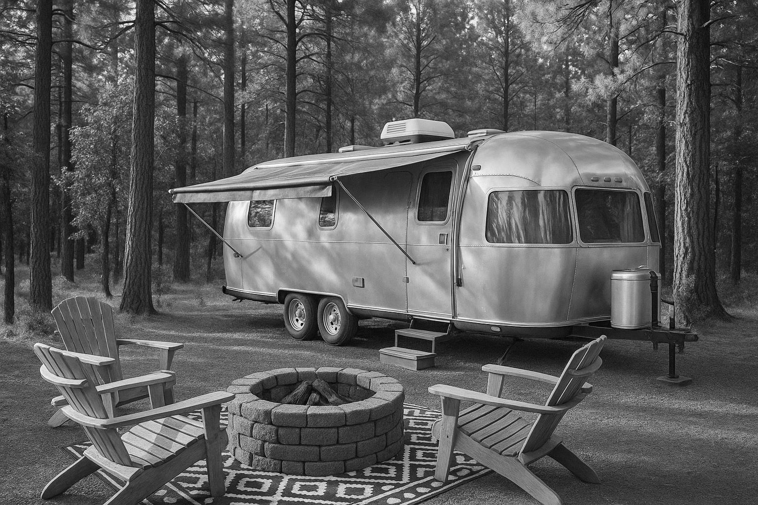 Polished Airstream trailer in a forest clearing with Adirondack chairs around a stone fire pit.
