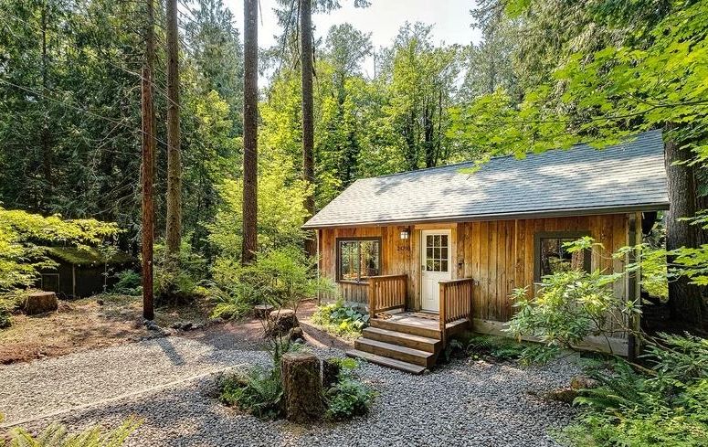 Handcrafted cabin near Mt Hood, Oregon with porch coffee, woodstove coziness, and quick access to hi