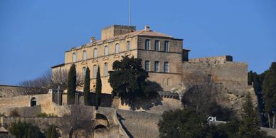 Historic stone fortress atop a hill under clear blue sky.