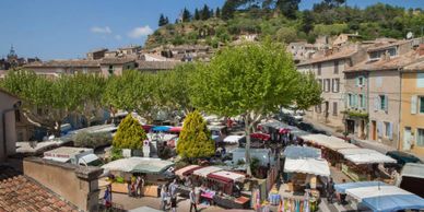 A bustling outdoor market in a town square with trees and historic buildings.