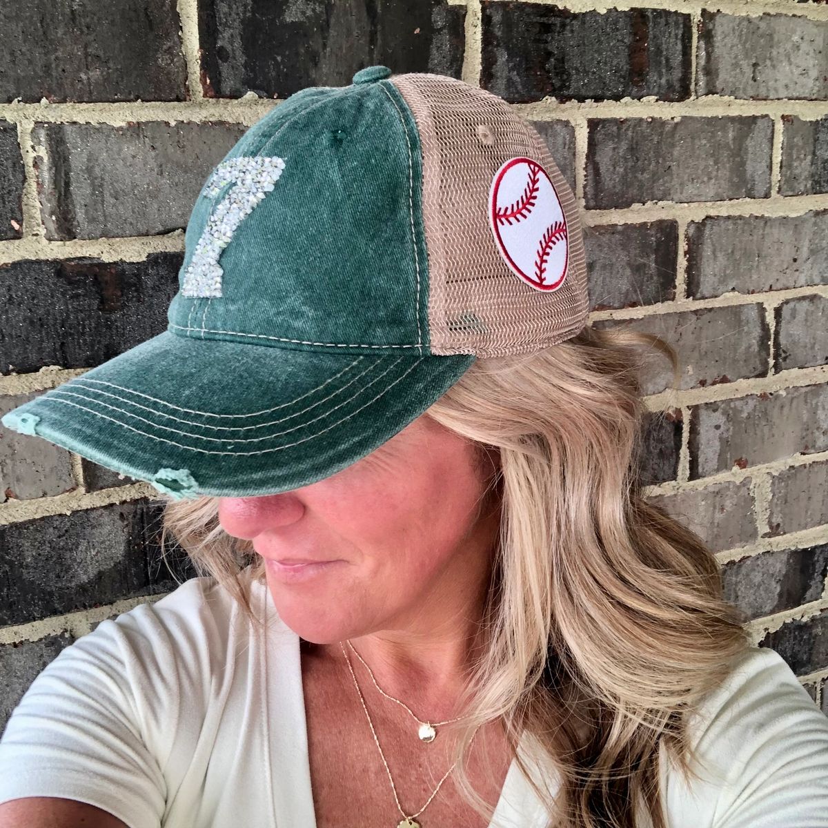 Custom Baseball Rhinestone Number Distressed Trucker Hat