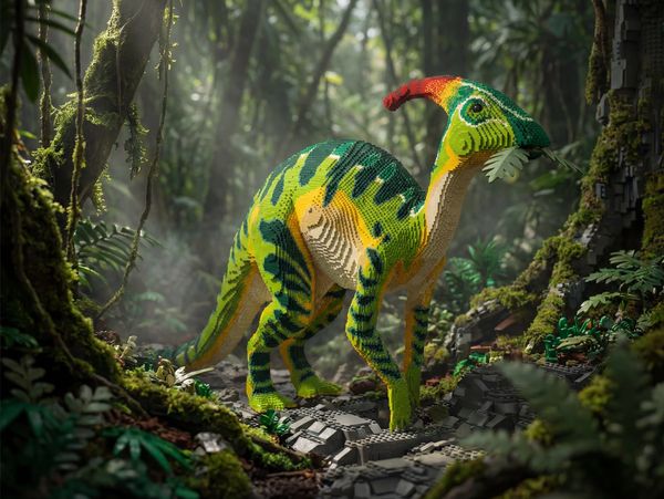 A colorful dinosaur made of LEGO bricks in a forest setting.