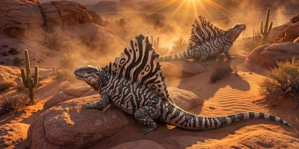 Two sailfin lizards basking on rocks in a sunlit desert landscape.