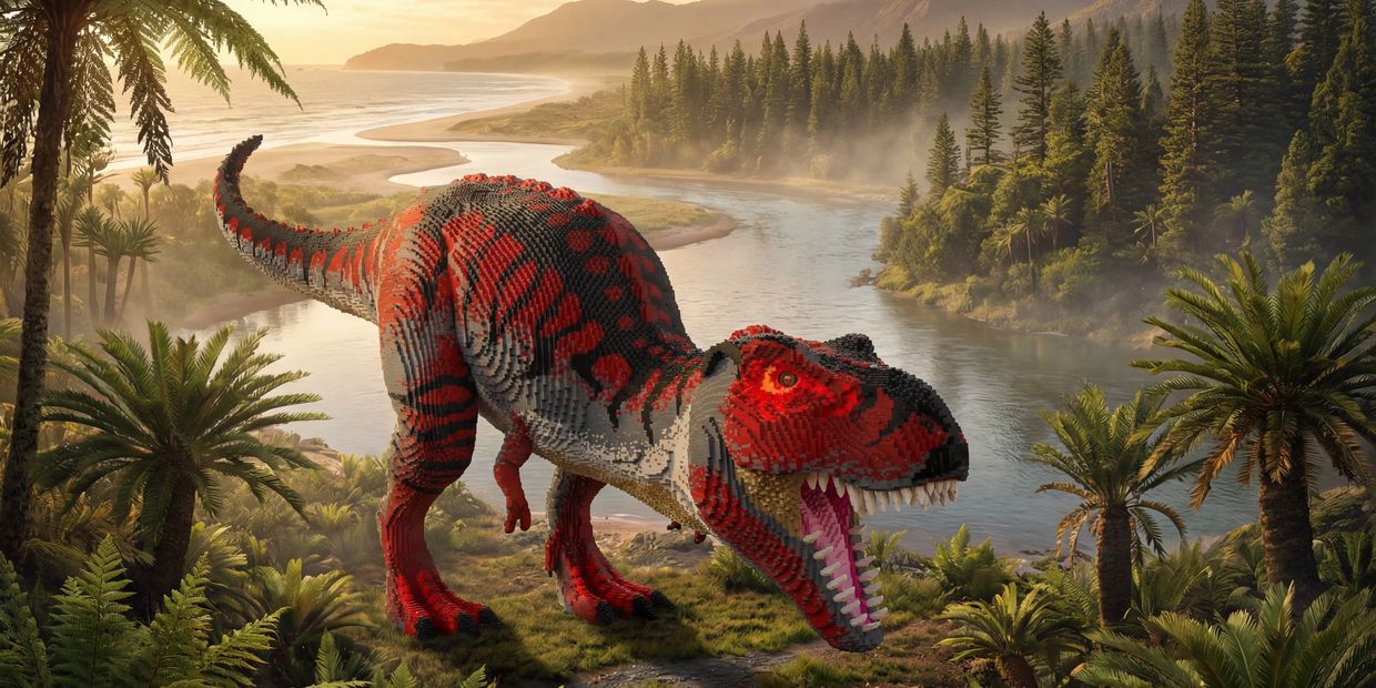 A T-Rex made of LEGO bricks stands by a river in a prehistoric jungle.