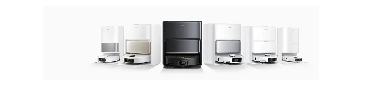 MOVA robot vacuums with smart bases in white and black, built for powerful, efficient cleaning.