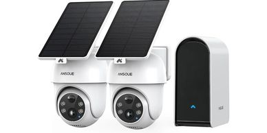 ANSQUE 2K solar security cameras with AI detection, 360° coverage, and color night vision.