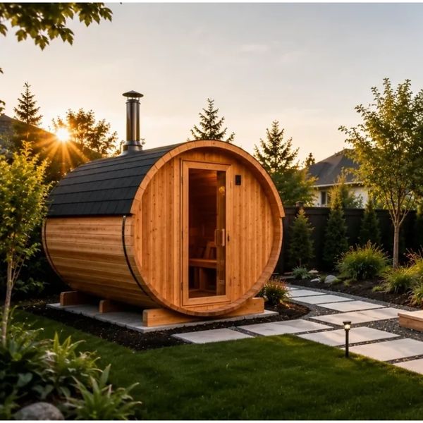 Cedar barrel sauna with chimney in a backyard at sunset - Backcountry Recreation, VL Appliance