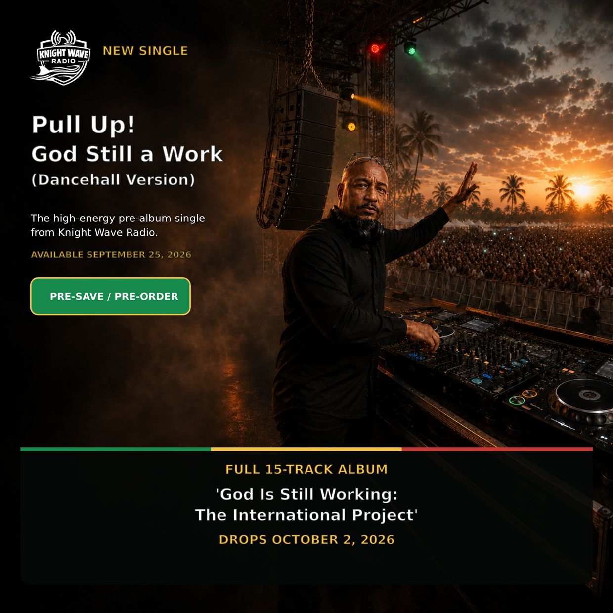 DJ performing live at sunset with single and album promo text.