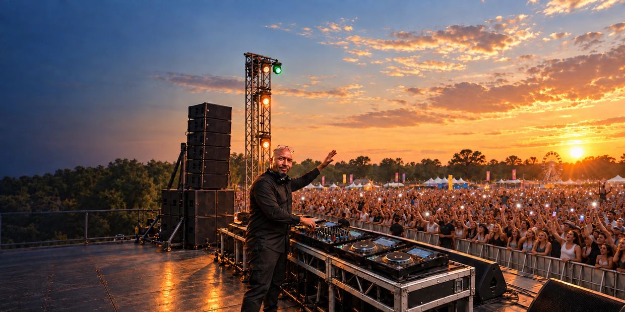 Jason J. Knight performing as DJ before an enthusiastic outdoor festival crowd for Knight Wave Radio