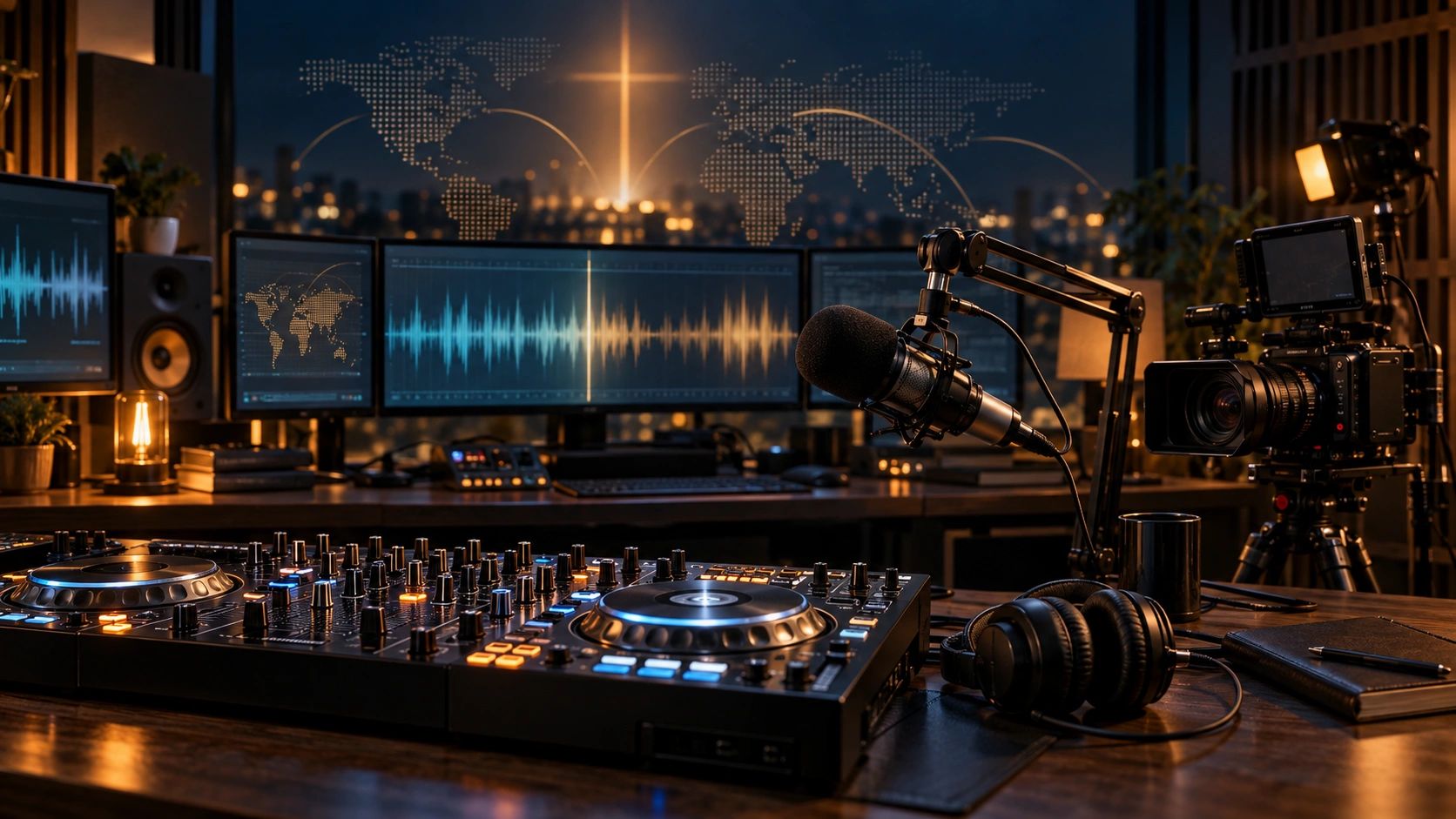 Knight Wave Radio studio with DJ decks, podcast microphone, camera and global audio display.