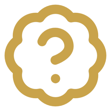 Gold question mark inside a scalloped circle on black.