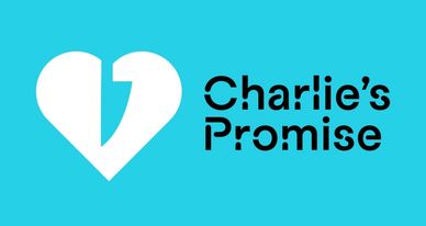 Logo for Charlie's Promise featuring a stylized white heart on a blue background.