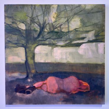 Lying down figure in a shade pool, oil on panel, 18 x 18 inches