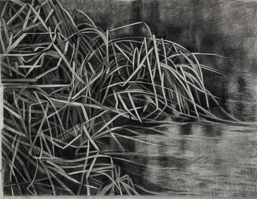 Abstract charcoal drawing of interwoven lines and reflections.
