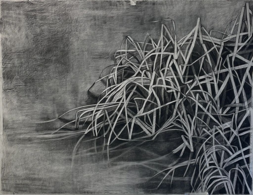 Black and white abstract drawing with tangled lines.
